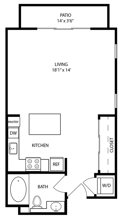 Floor plan for studio, 1 bath, 582 sqft